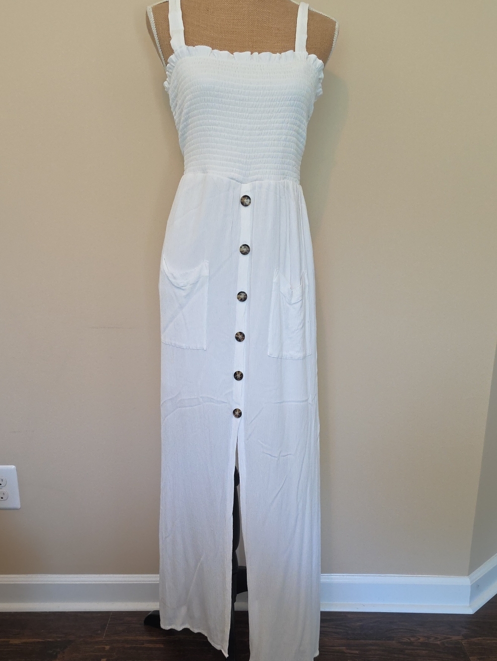 VENUS White Smocked Button-Front Maxi Dress